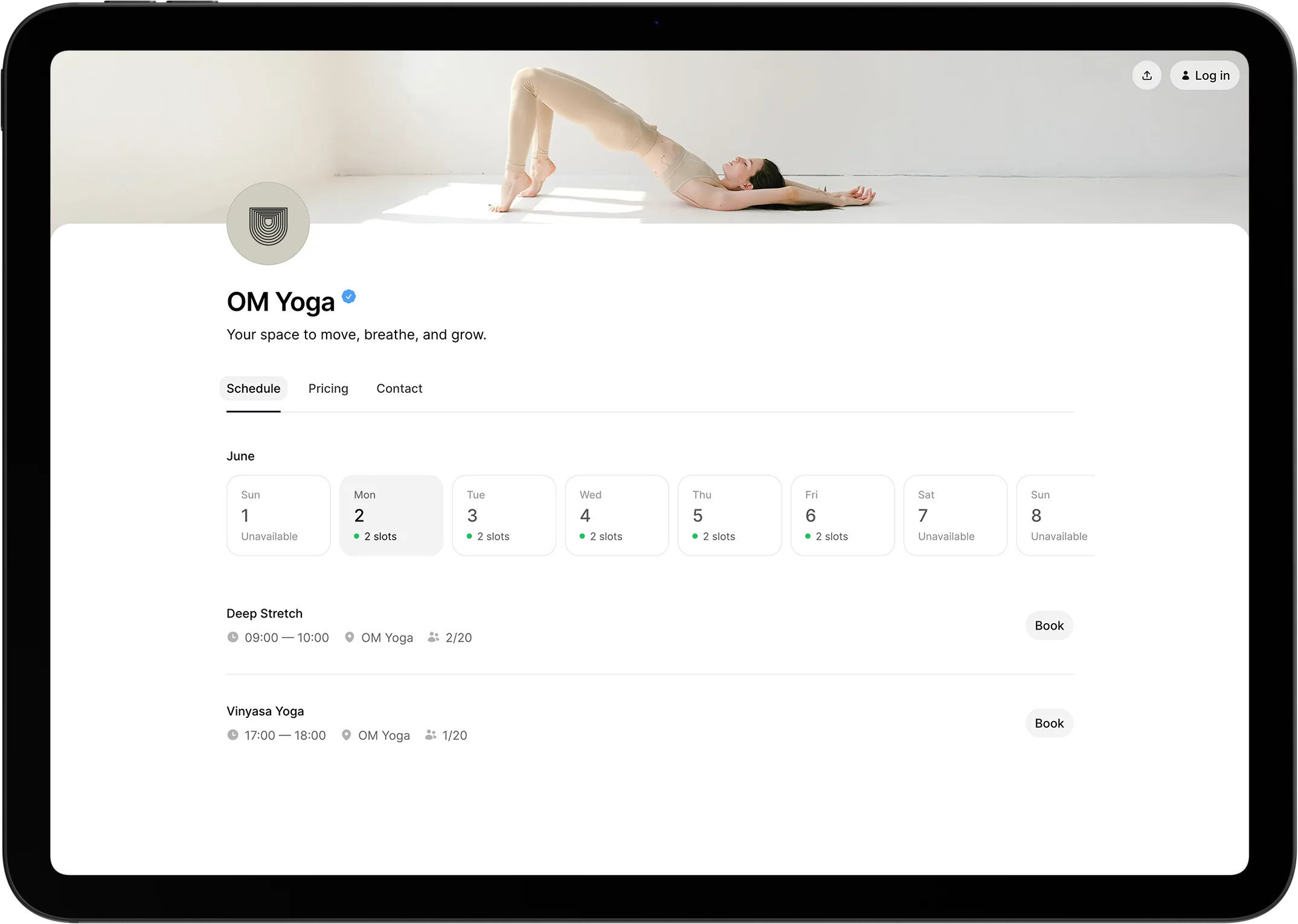 Modern yoga scheduling software with studio profile and pricing plans