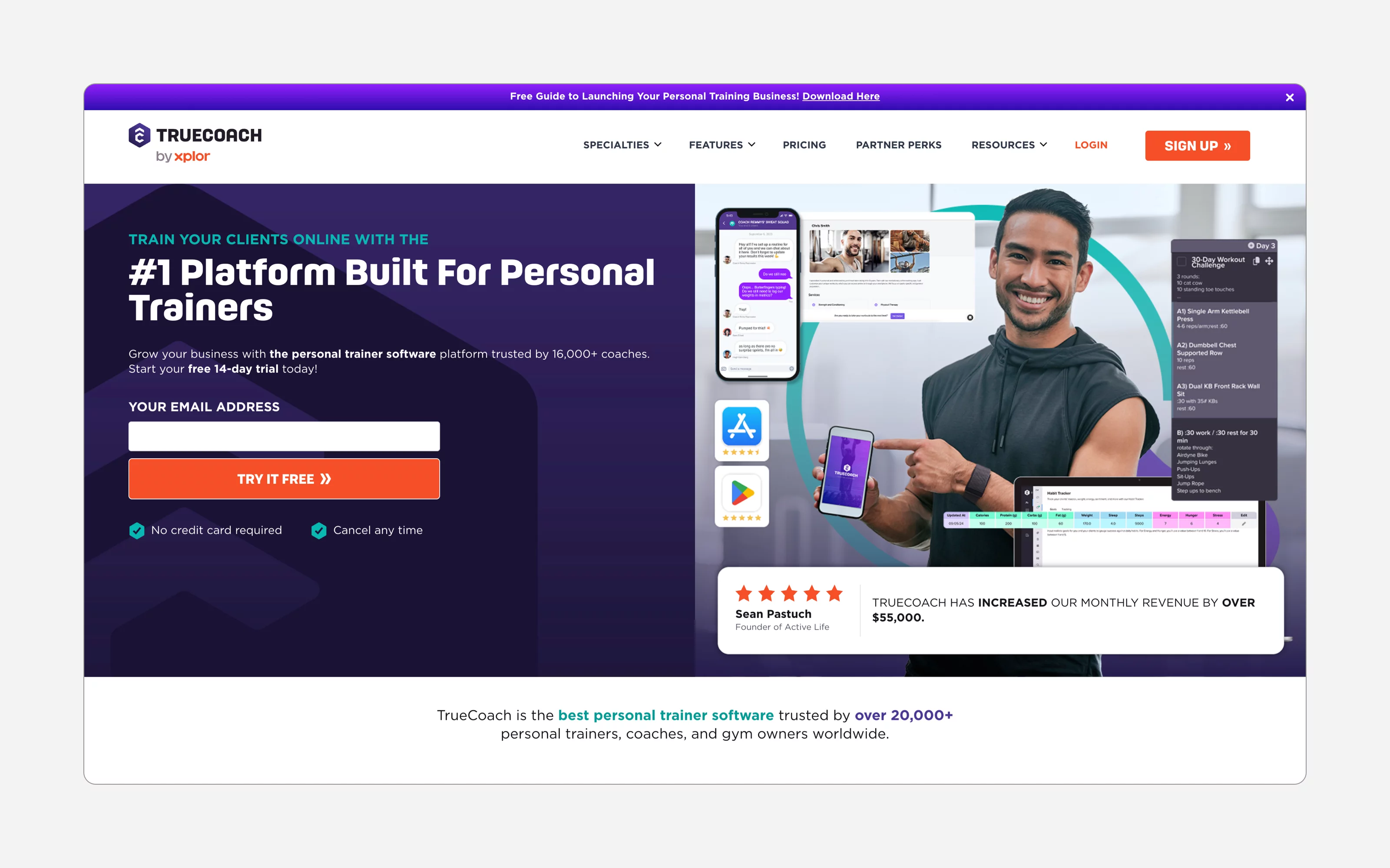TrueCoach personal trainer software homepage with client messaging, workout builder, and mobile app