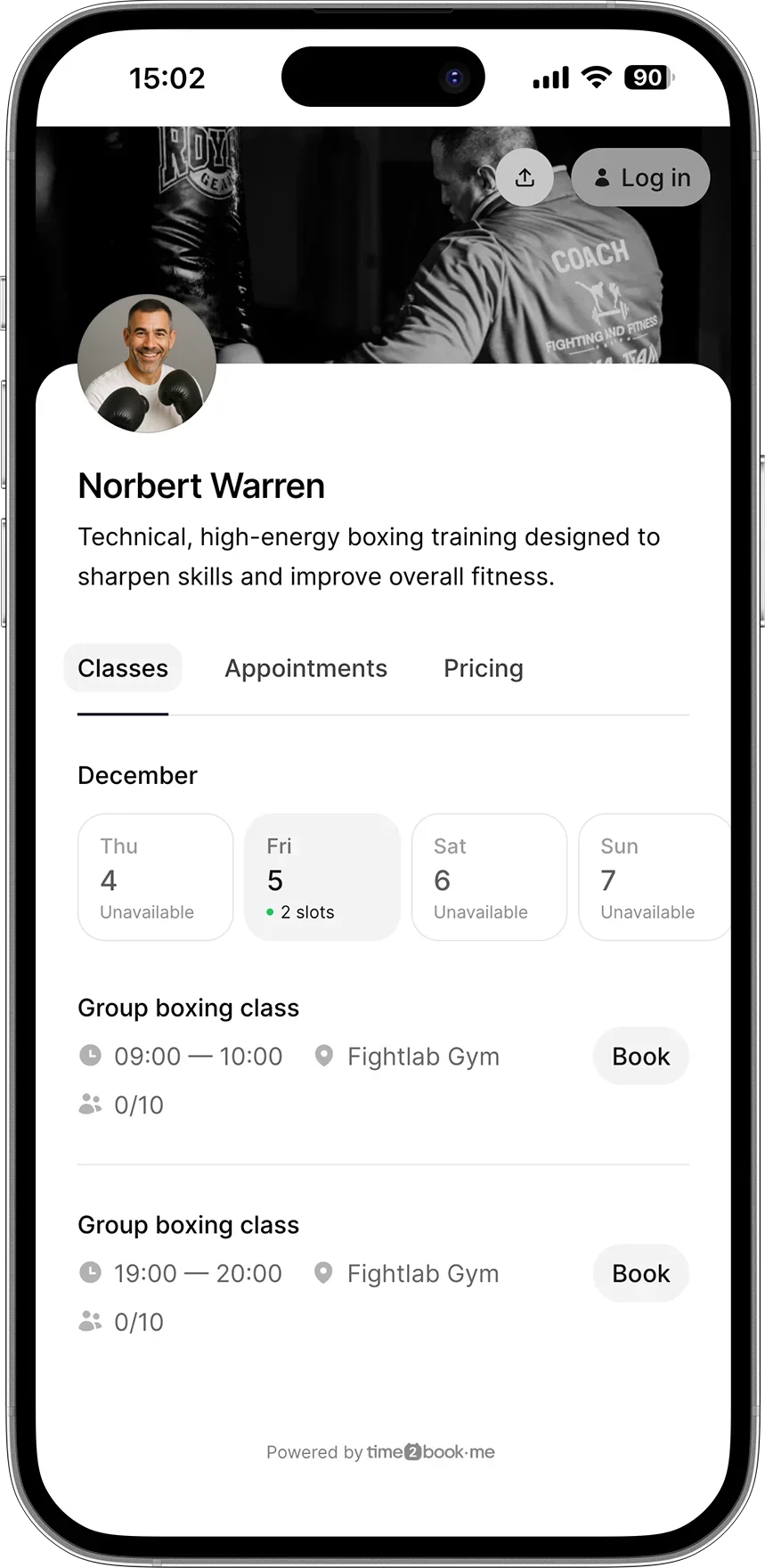 Boxing coach class scheduling app