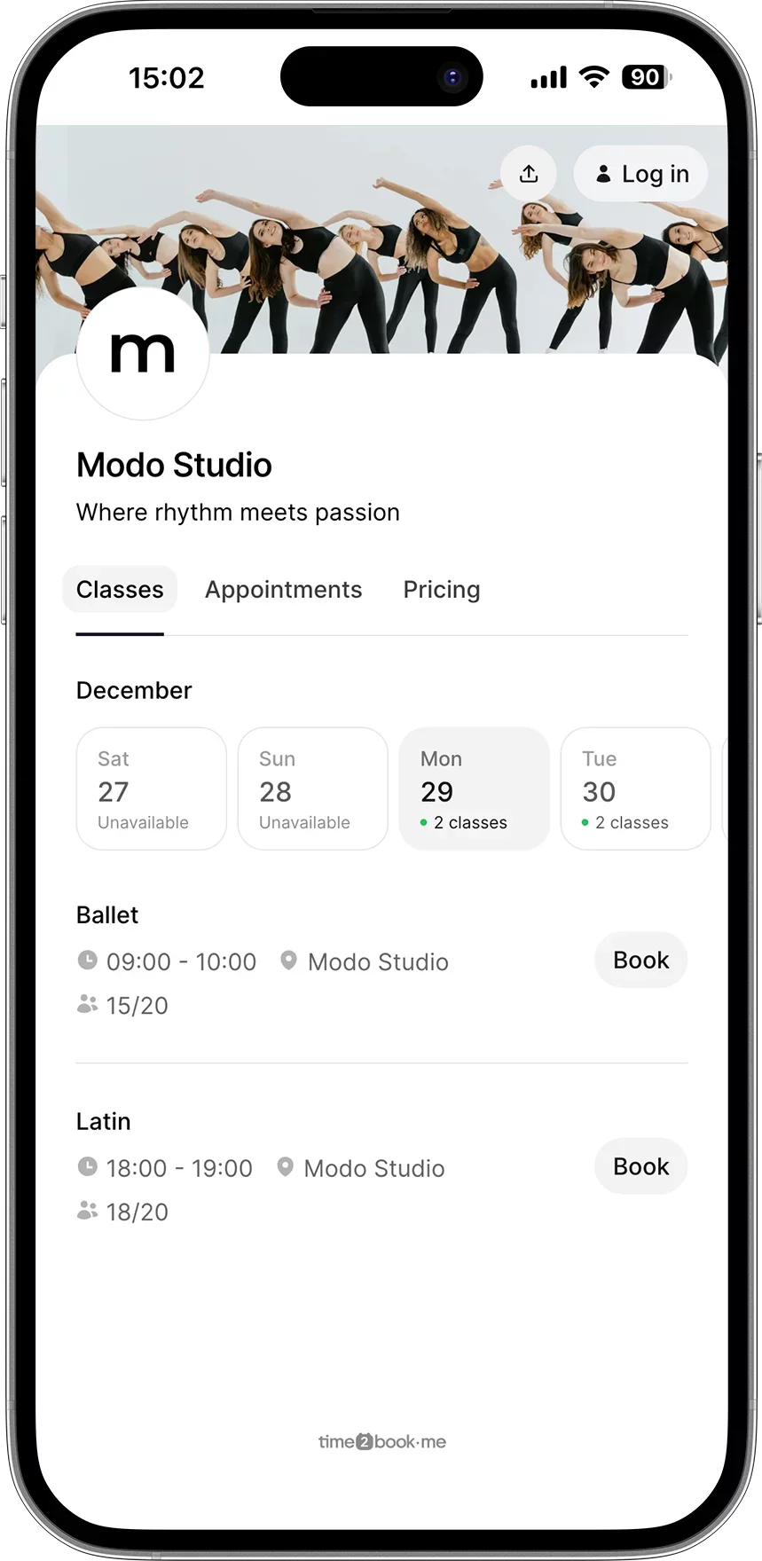 Online booking software for dance studios. Let students book classes, manage memberships, track attendance, and pay online—easy setup, no hassle.