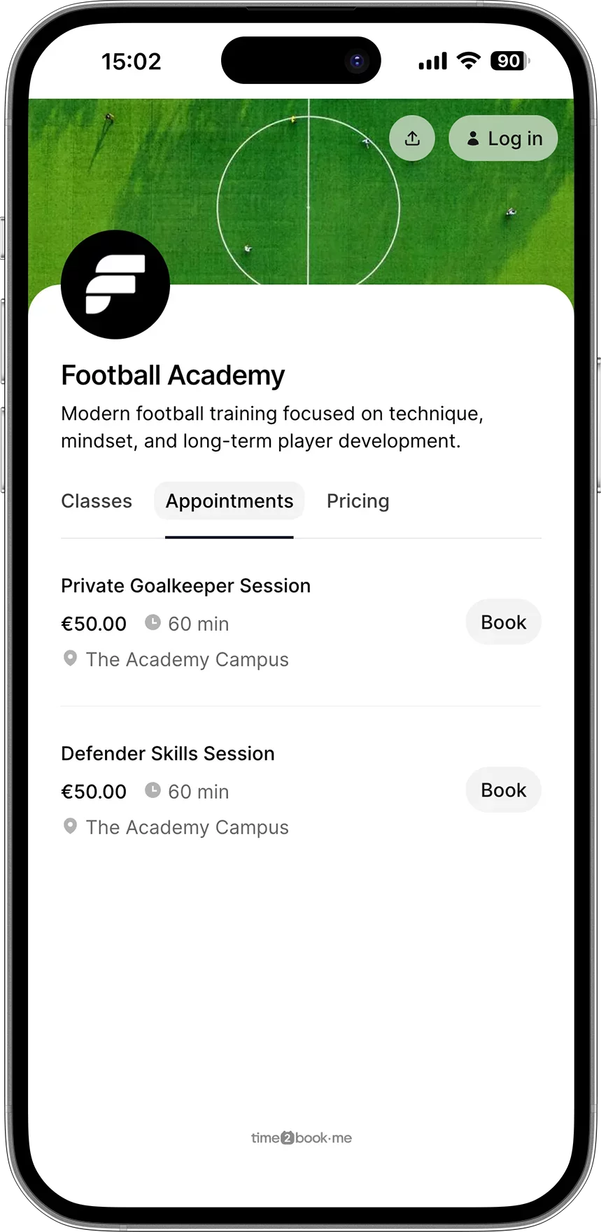 Football academy class scheduling app
