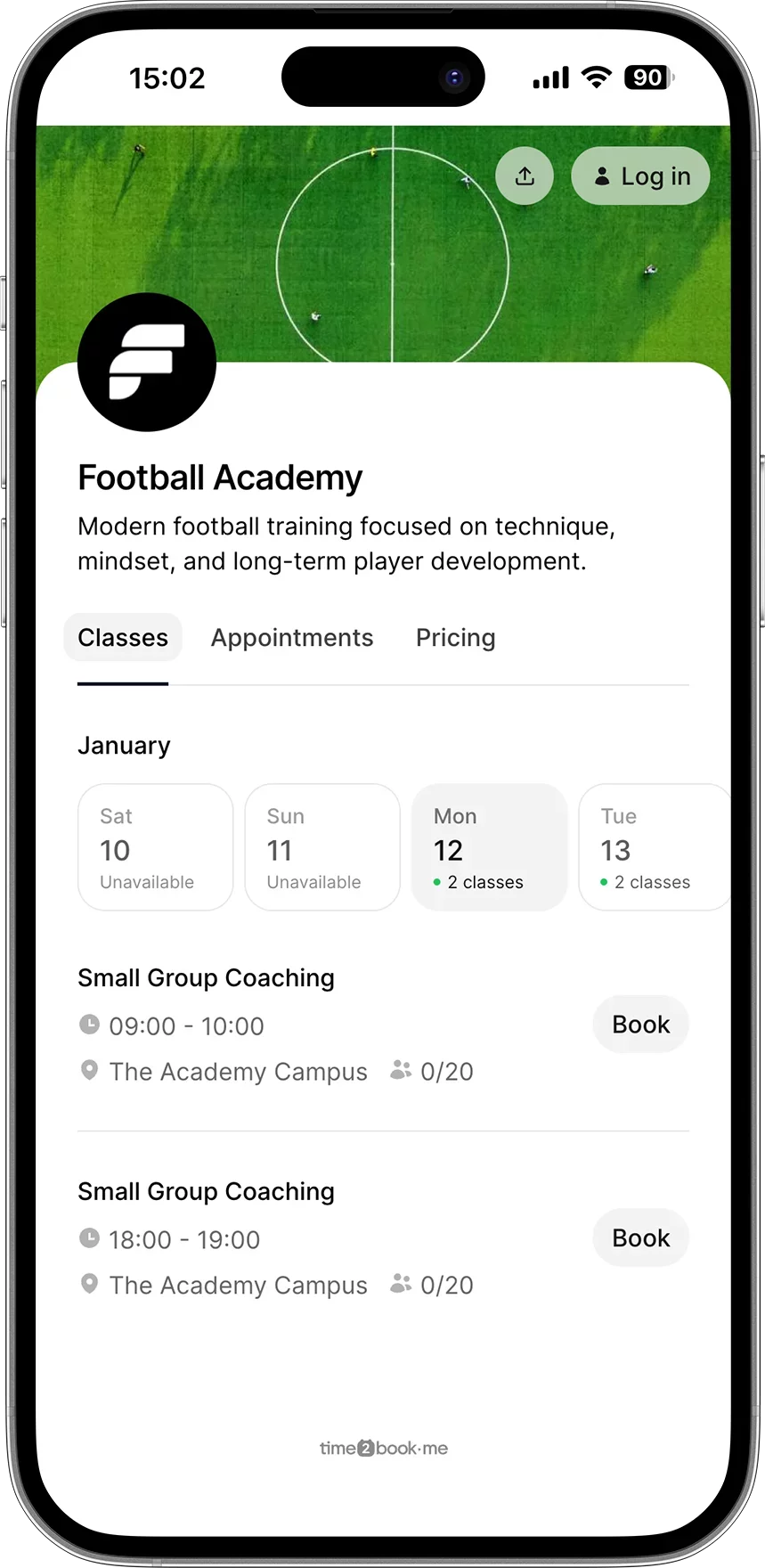 Football academy booking app