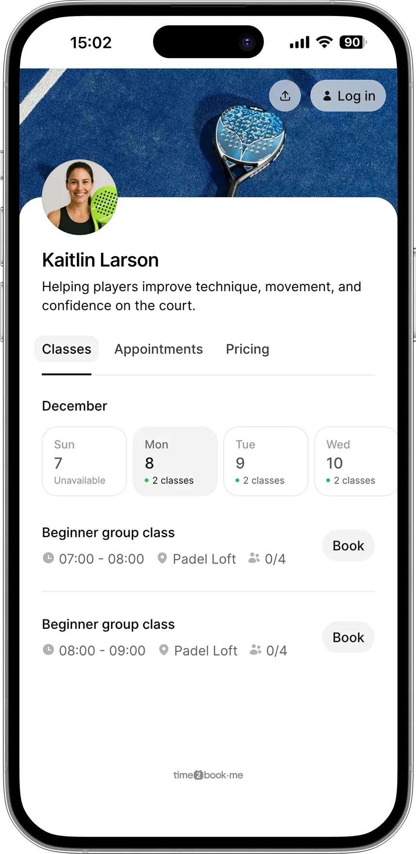 Padel coach class scheduling app