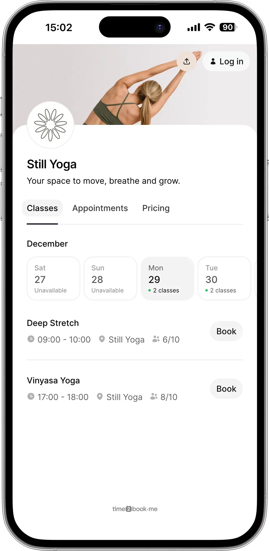 Simple yoga studio booking software that lets students book classes online, choose memberships or class packs, manage schedules, and pay easily in one place.